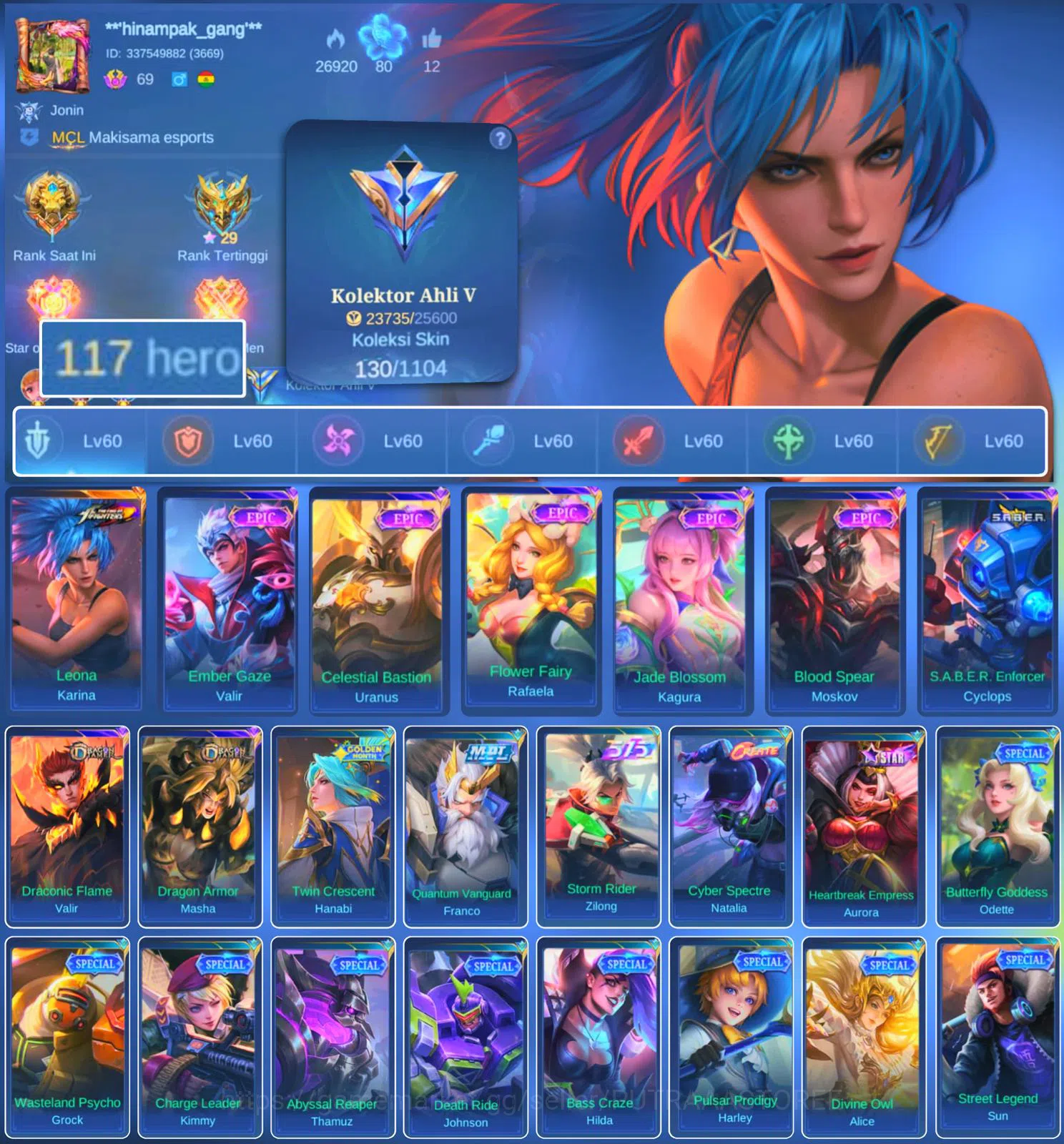 Mobile Legends: Bang Bang Accounts HERO 117 SKIN 130 EMBLEM ALL MAX| KOF KARINA | EPI image 1