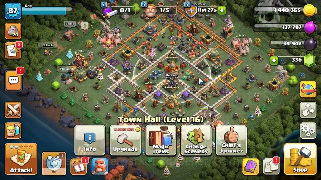 Clash of Clans Accounts High-End LV 87|TH 16|HH 9|BK 33,AQ 44,GW 24,MP 7,RC 13,DD 10,BM 1|Limited Skin|Free CN ON|Protect 1