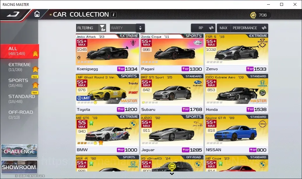 Racing Master Accounts SEA|Lv 15|2 PL Car(Jesko Attack 23,Zonda Cinque 11) +45 Other Cars (TSR 18,BRZ STI,S2000 Extreme 1