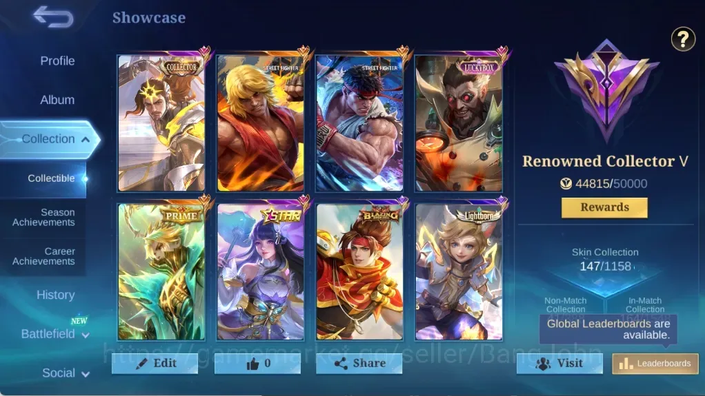 Mobile Legends: Bang Bang Accounts Collector Global|100H 147S|Renowned|2 Street Fighter: Chou, Paquito|Collector 1