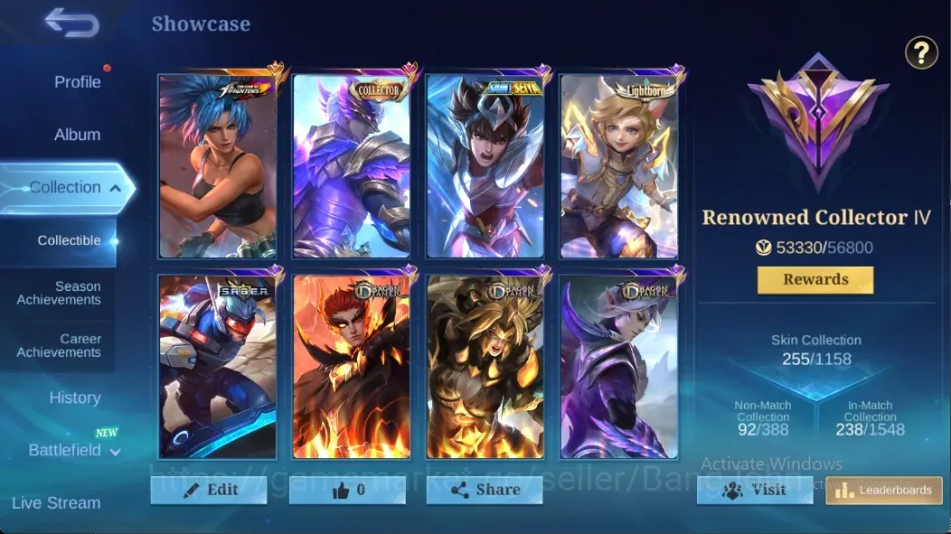 Mobile Legends: Bang Bang Accounts Collector Global|255 Skin|Renowned|Collector Gusion,KOF Karina,SABER Saber Johnson,VENOM 1