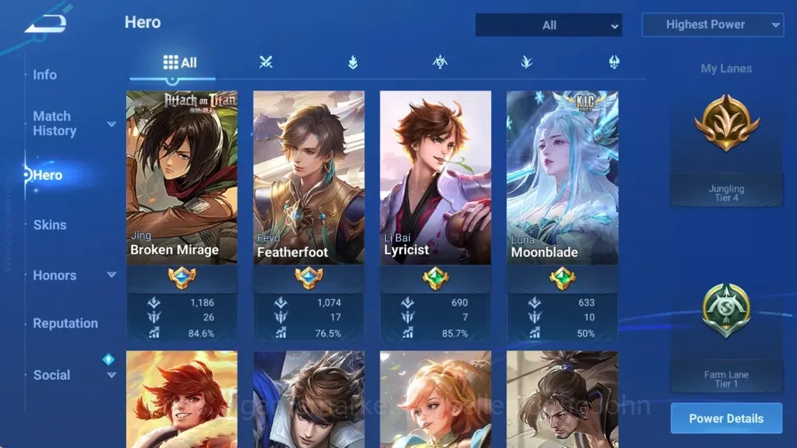 Honor of Kings Accounts Rare Skin Global|94H 46S|AOT Jing [Mikasa]|KIC Luna|Epic Solarus&Lotusdancer|AOT Mayene 3