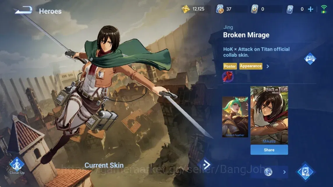 Honor of Kings Accounts Rare Skin Global|94H 46S|AOT Jing [Mikasa]|KIC Luna|Epic Solarus&Lotusdancer|AOT Mayene 9