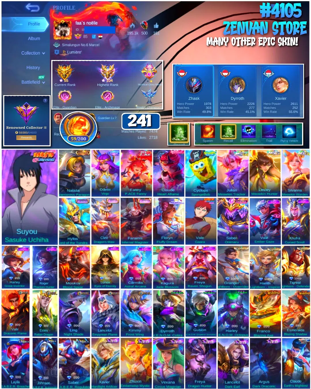 Mobile Legends: Bang Bang Accounts ๐ฅ #4105 ๐ฅ ๐ 241 Skins ๐ Naruto Suyou Sasuke Uchiha โ๏ธ Renowned Collector III โญ Naruto 1
