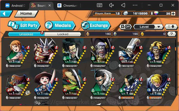One Piece Bounty Rush Accounts Others GLOBAL|3 Ex|Legend Hero Garp,King Pirates Roger,Awaken RobLucci,Lunarian Alber,CP9 11