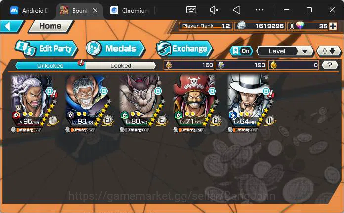 One Piece Bounty Rush Accounts Others GLOBAL|3 Ex|Legend Hero Garp,King Pirates Roger,Awaken RobLucci,Lunarian Alber,CP9 6