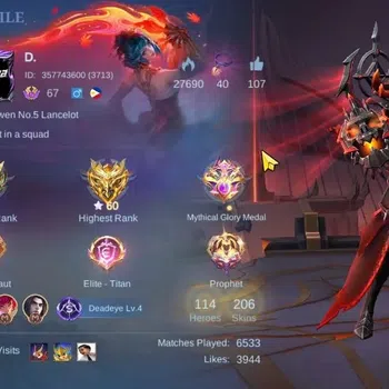 Mobile Legends: Bang Bang Accounts Collector Hero 114|Skin 206|Ex Glory 60|Karina KoF,Nata CC,Irithel LBox,Lesley
