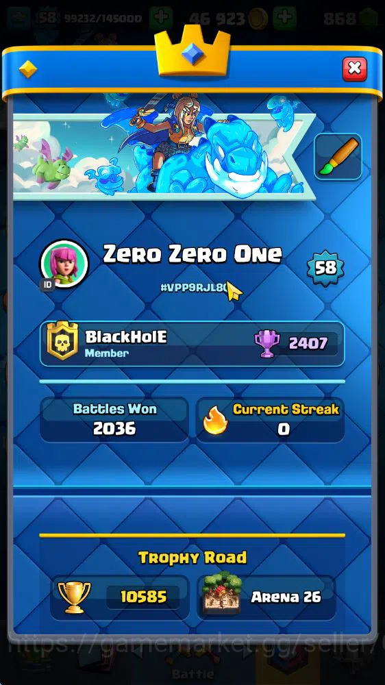 Clash Royale Accounts Midgame Lv 58|Trophy 10585|KTL 15|Limited Skin|Card 118|14 EVO 5 Champ 21 Legendary 33 Epic 30 Rare |2 2