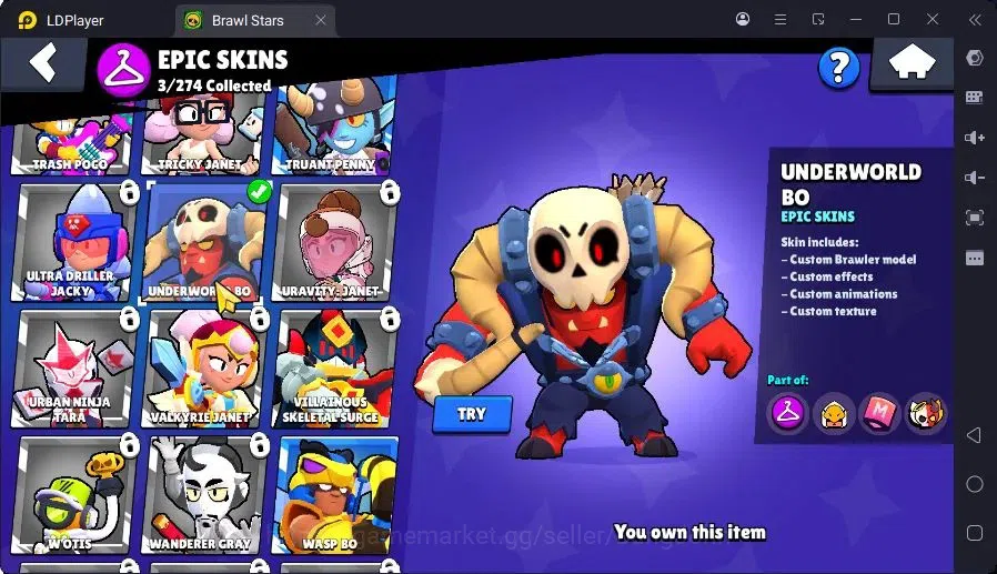 Brawl Stars Accounts Trophy 527|1 Max Hc(Shelly)|2 Mythic(Tara,Otis),3Epic(Bo,Piper,Edgar) skin + 1Collection|2999 B|Proteck 10