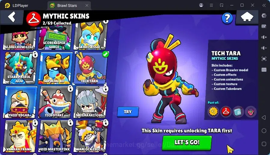 Brawl Stars Accounts Trophy 527|1 Max Hc(Shelly)|2 Mythic(Tara,Otis),3Epic(Bo,Piper,Edgar) skin + 1Collection|2999 B|Proteck 12