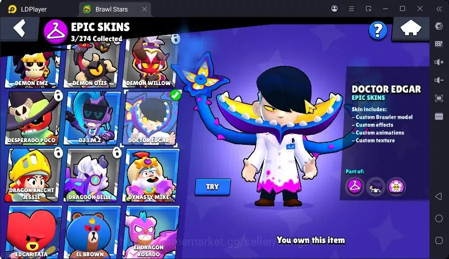 Brawl Stars Accounts Trophy 527|1 Max Hc(Shelly)|2 Mythic(Tara,Otis),3Epic(Bo,Piper,Edgar) skin + 1Collection|2999 B|Proteck 8