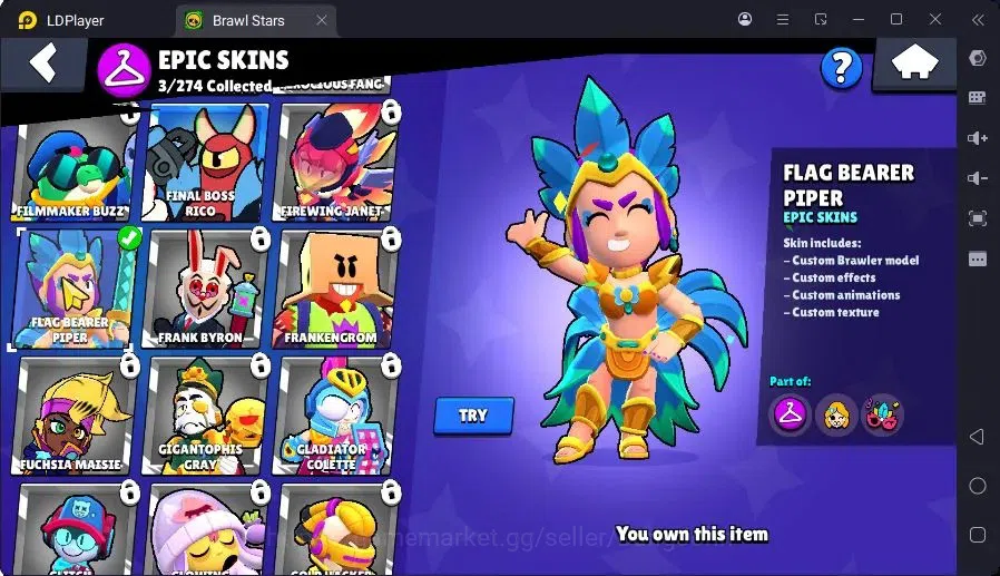 Brawl Stars Accounts Trophy 527|1 Max Hc(Shelly)|2 Mythic(Tara,Otis),3Epic(Bo,Piper,Edgar) skin + 1Collection|2999 B|Proteck 9