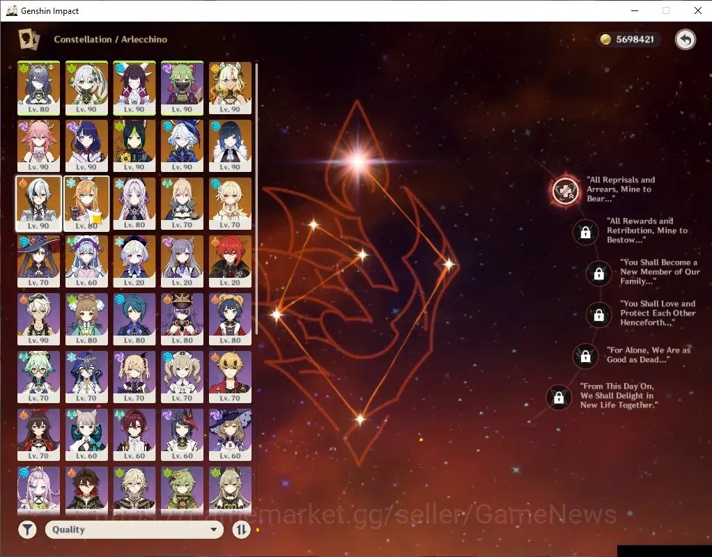 Genshin Impact Accounts Mid Game Asia|AR58|Arlecchino PremTeam|11 Limited+10*5(WEP)|[ArlecchinoC1,Nahida]+Sign,YaeMikoC1,3 4