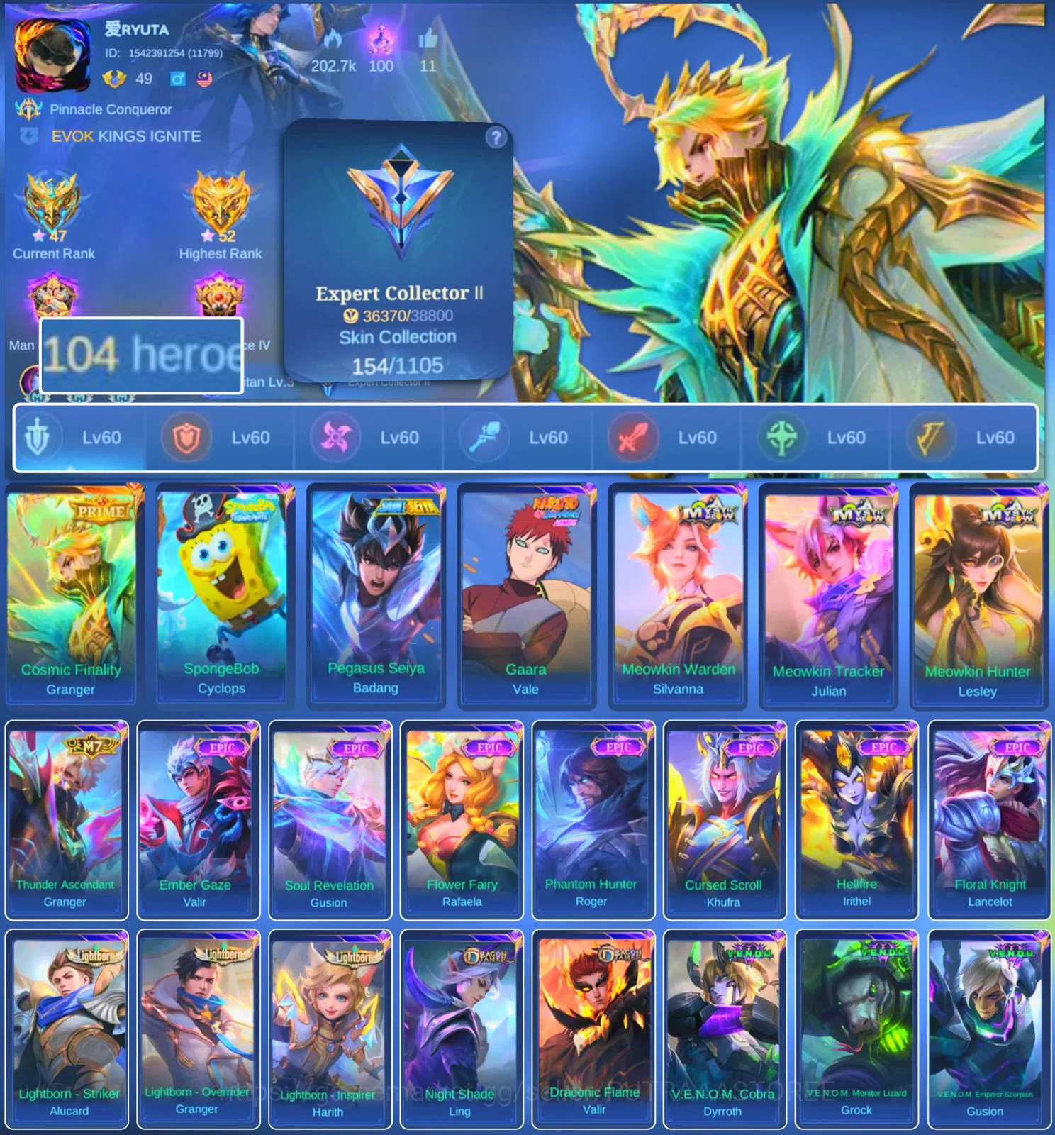 Mobile Legends: Bang Bang Accounts HERO 104 SKIN 154 | EMBLEM ALL MAX| PRIMER GRENGER image 1