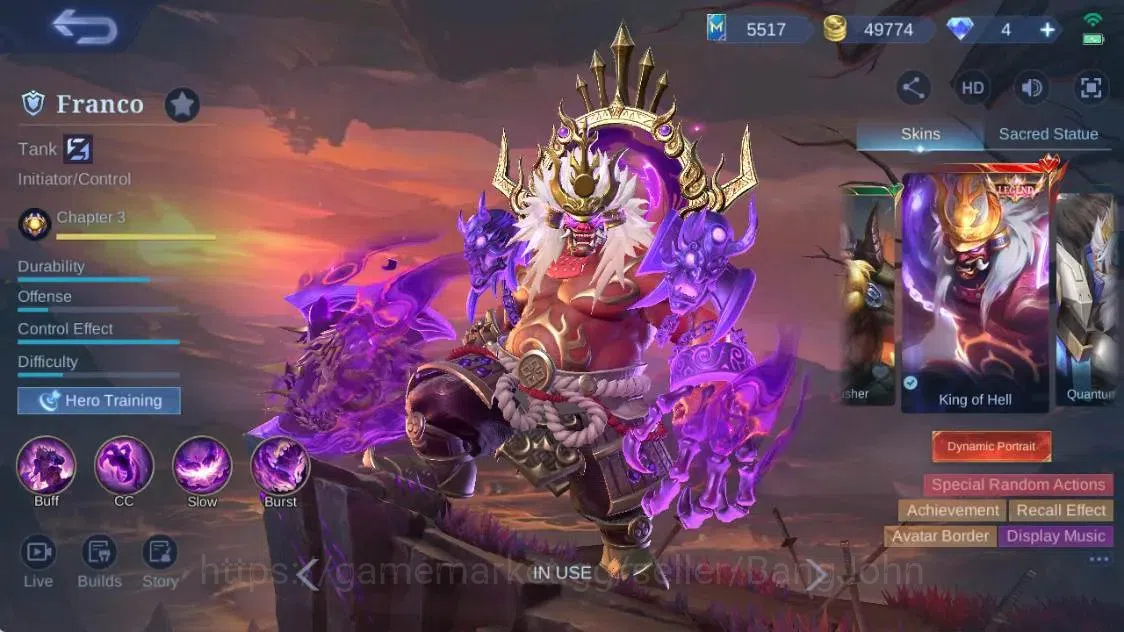 Mobile Legends: Bang Bang Accounts Global|Hero 123 Skin 287|Exalted|Legend Franco|Pri image 8