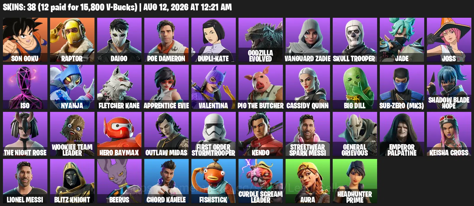 Fortnite Accounts 38 Skins | 76 Pickaxes | 51 Emotes | 52 Gliders | Level 805 | All Platforms | Son Goku, Beerus, General 1