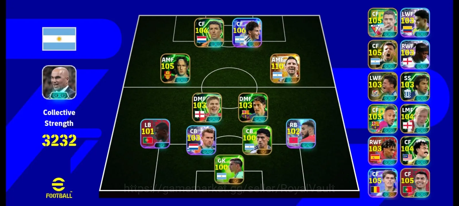 eFootball Accounts High-End Messi 110| Alvarez 106| Makay 106| Totti 105| Ketelaere 105 | Ronaldo 105| Suarez 105| Aguero 1