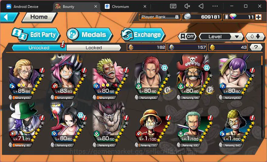 One Piece Bounty Rush Accounts Others GLOBAL|2 ex|Red Shank,King Pirates Roger,Kuja Boa Hancock,Rival Edward Newgate|check 12