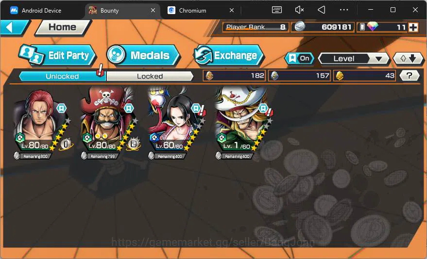 One Piece Bounty Rush Accounts Others GLOBAL|2 ex|Red Shank,King Pirates Roger,Kuja Boa Hancock,Rival Edward Newgate|check 9