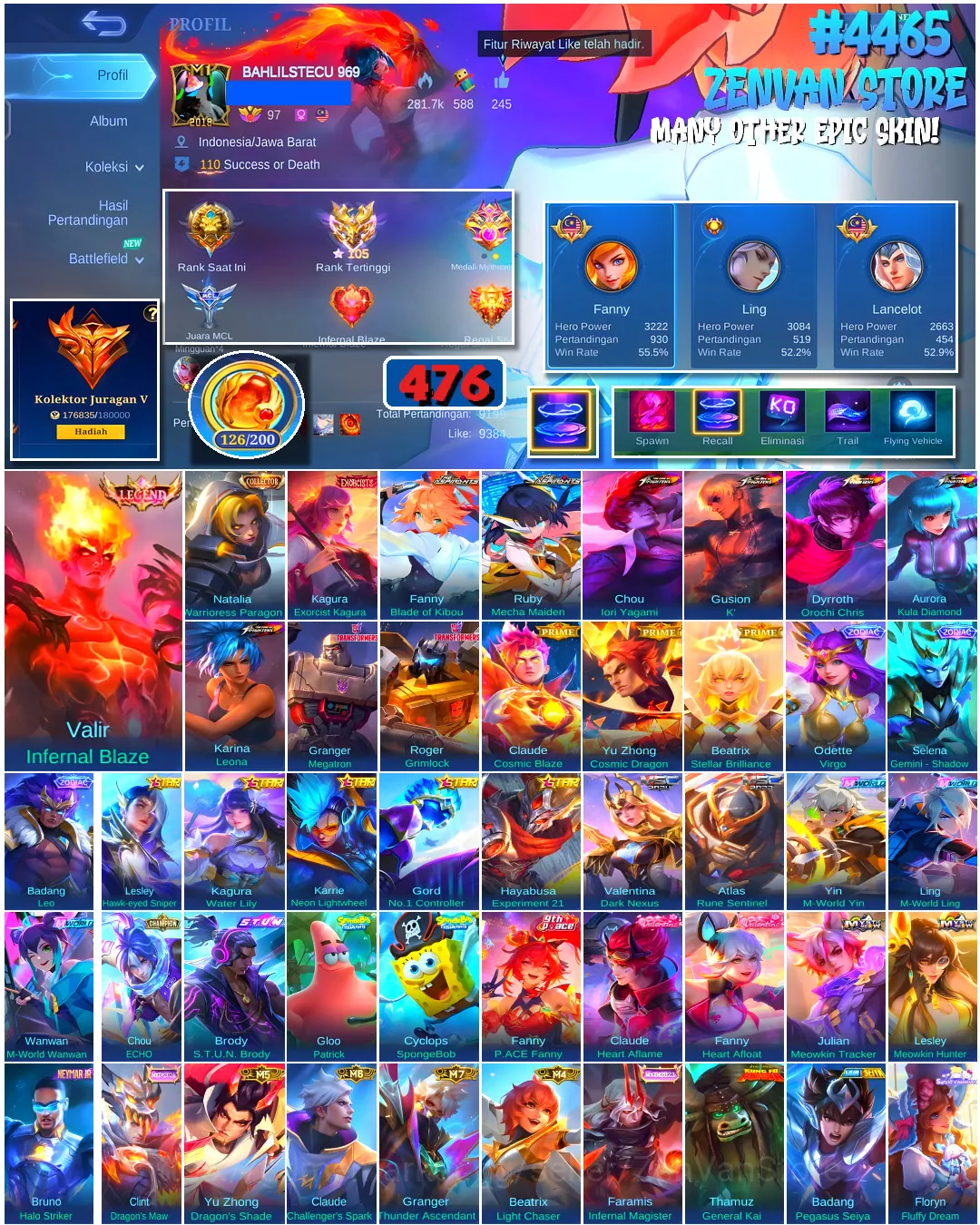 Mobile Legends: Bang Bang Accounts #4465 476 Skins | Valir Infernal Blaze (LEGEND) | Aurora Kula Diamond (KOF) | Chou Iori 1