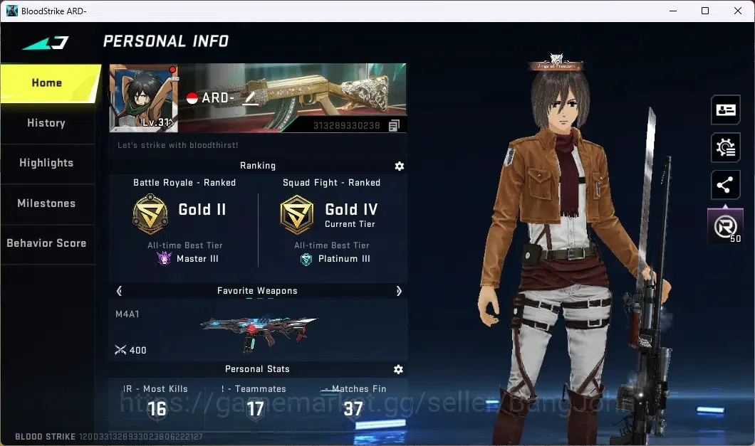 Blood Strike Accounts ASIA | 2 AOT GUN: M4A1,M700 | 1 AOT STRIKER Mikasa image 1