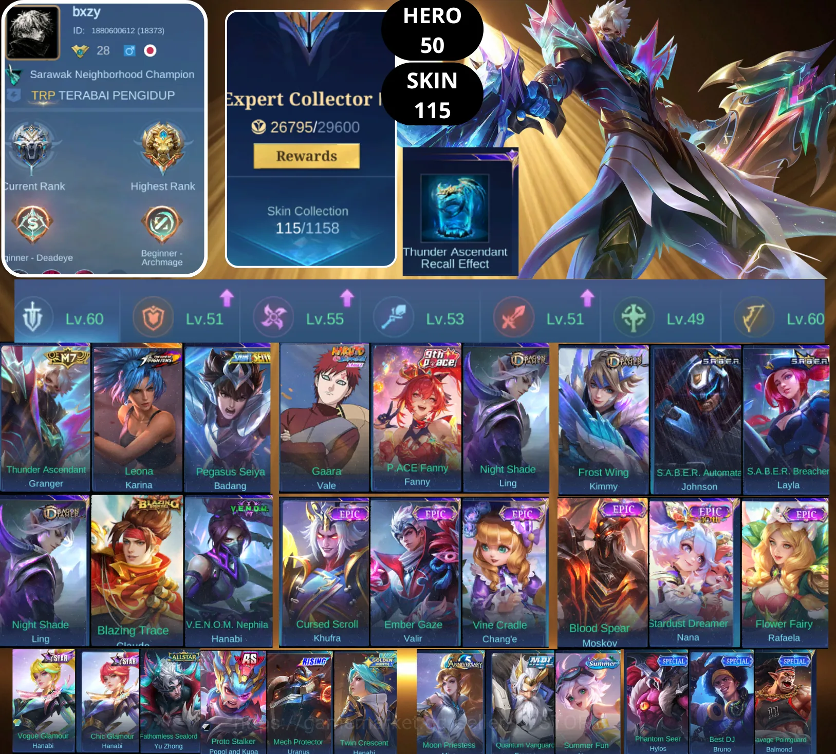 Mobile Legends: Bang Bang Accounts Smurf BEST OFFER | HERO 50 | SKIN 115 | GRANGER M7 | KARINA KOF | BADANG SAINT SEIYA 1