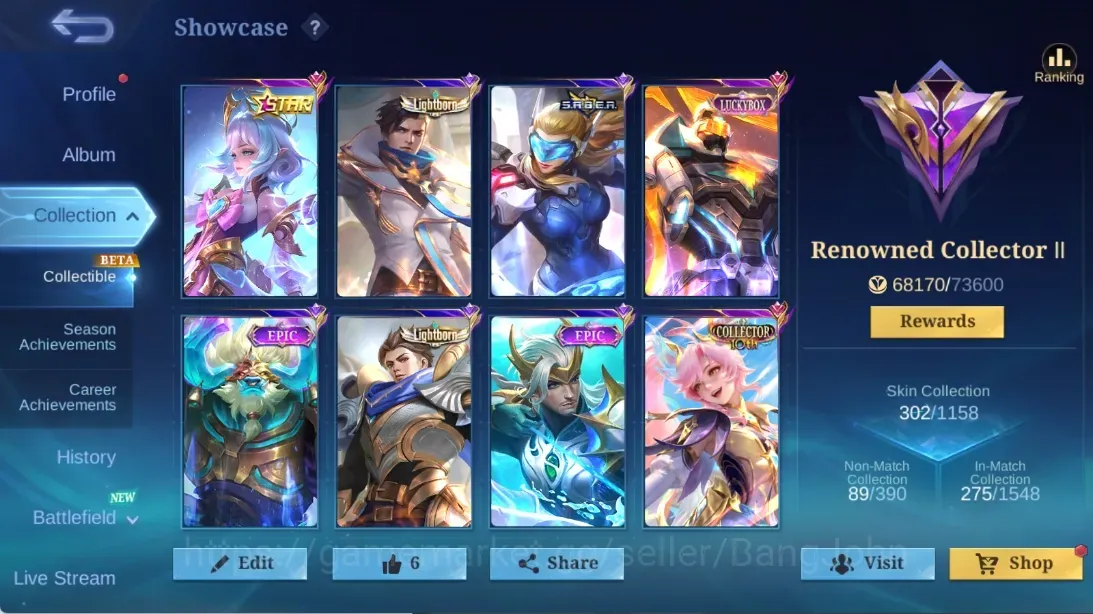 Mobile Legends: Bang Bang Accounts Collector Global|138H 302S|Renowned|Luckybox Gatotkaca|KOF Karina|Collector 10TH 1