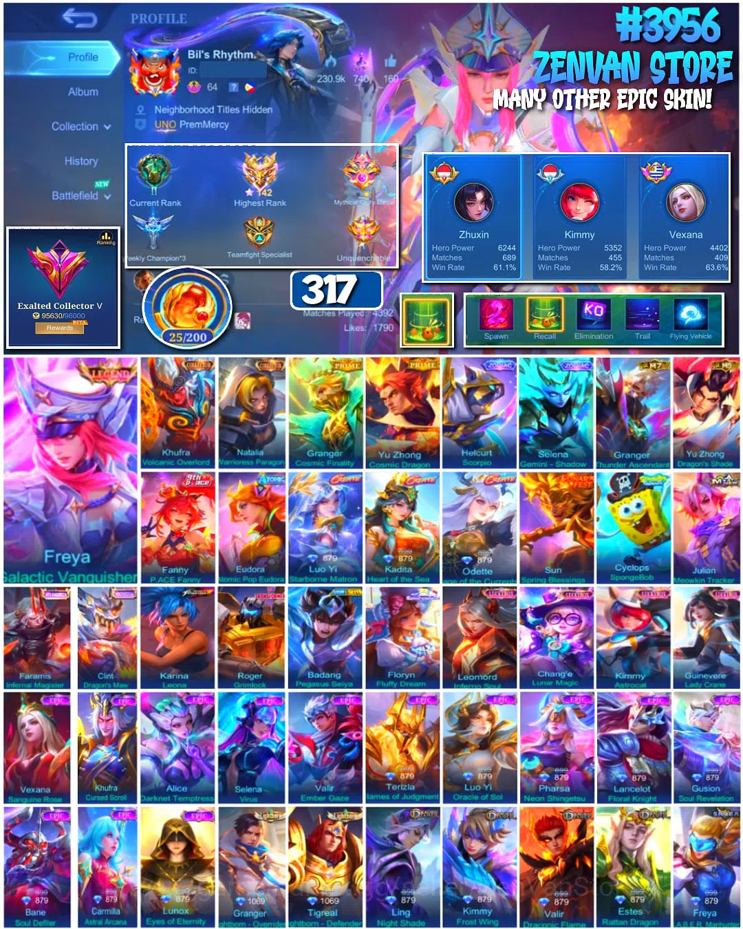 Mobile Legends: Bang Bang Accounts #3956 | 317 Skins | Legend Freya | Collector Kufra & Natalia | Prime Granger & Yu Zhong 1