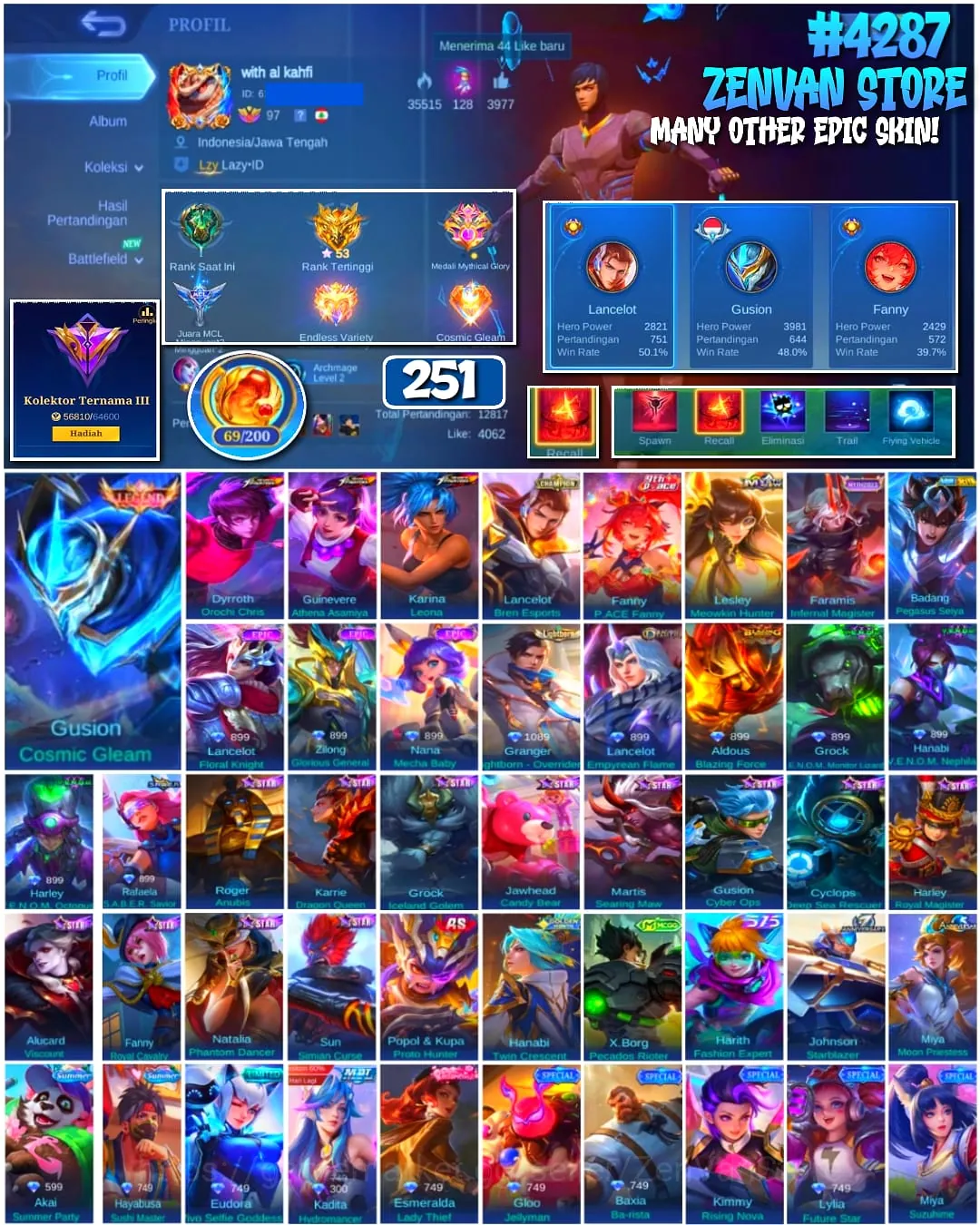 Mobile Legends: Bang Bang Accounts #4287 251 Skins | Gusion Cosmic Gleam (LEGEND) | Guinevere Athena Asamiya (KOF) | Karina 1