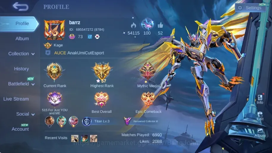Mobile Legends: Bang Bang Accounts Others Global|Skin 52|Renowned|Legend Saber,Sanrio Floryn,Lightborn 1