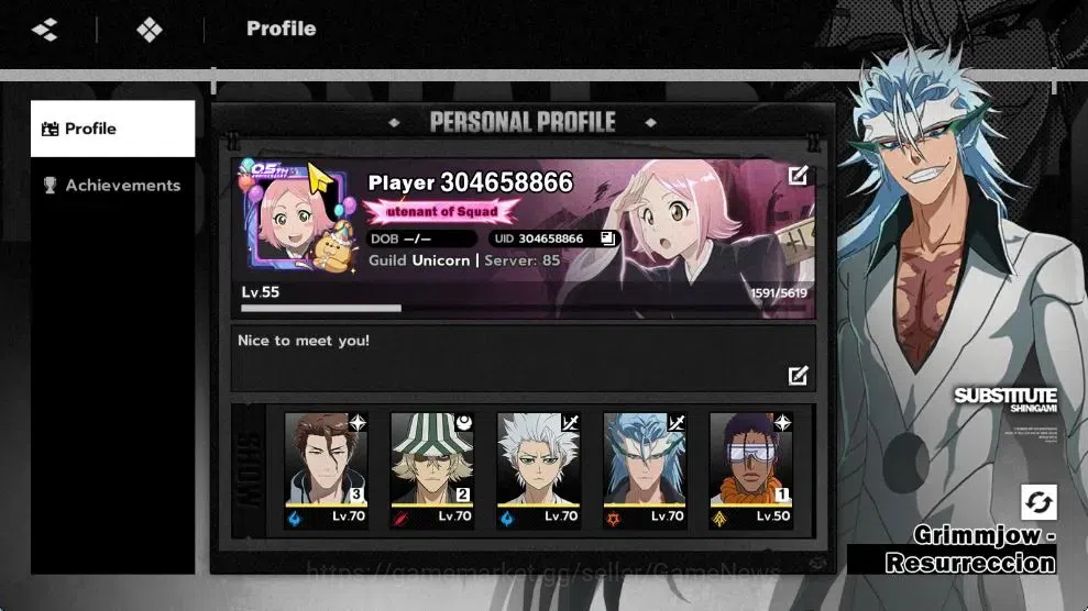 BLEACH: Soul Resonance Accounts NuverseSEA|LV 55|8 SSR [Grimmjow Res+Seal3/4(Aizen image 3