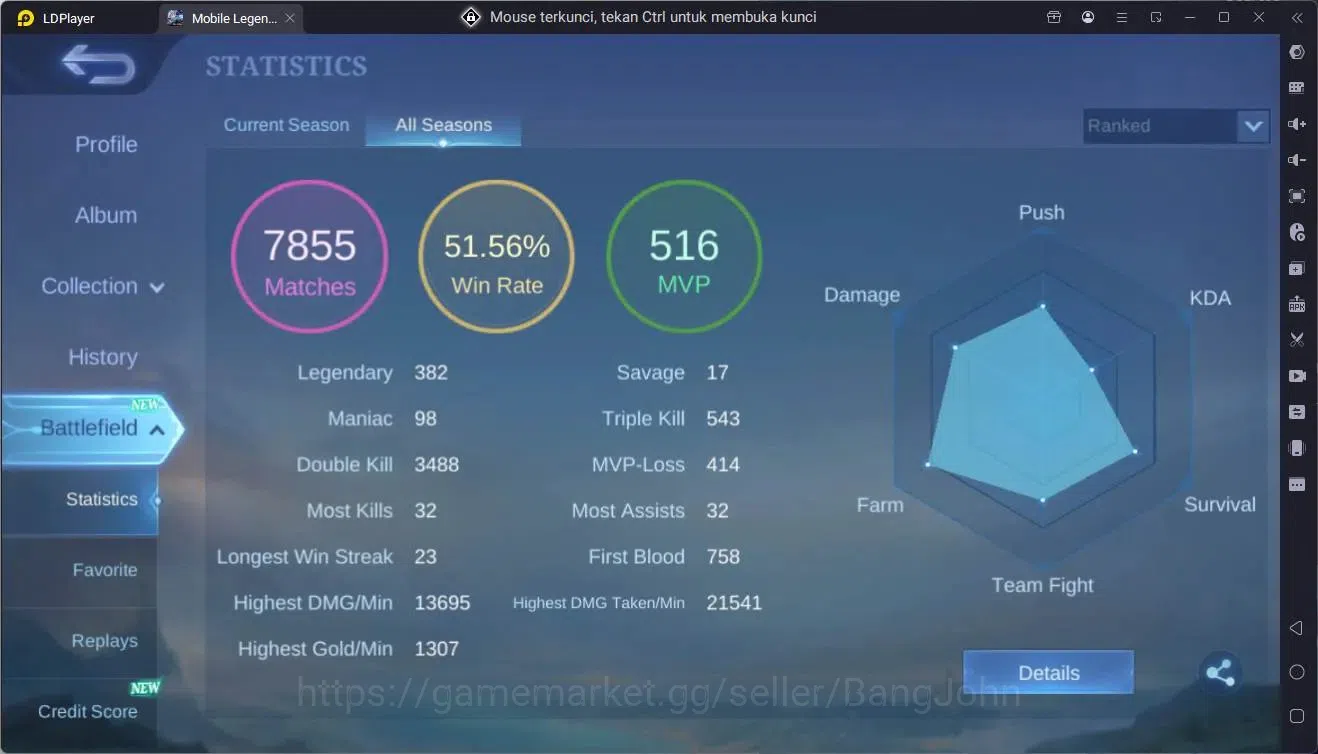 Mobile Legends: Bang Bang Accounts Global|Hero |Skin 400|Exalted|Prime Granger,Claude image 20