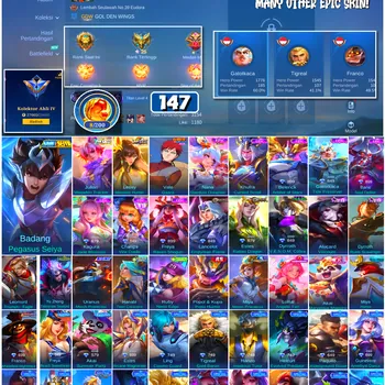 Mobile Legends: Bang Bang Accounts #4660 147 Skins | Badang Pegasus Seiya (SAINT SEIYA) | Vale Gaara (NARUTO) | Bane Soul