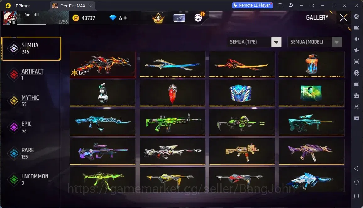 Free Fire Accounts Indonesia | 1 EVO (Thompson - Cindred Colossus Lv7)| M1887- Hand of Hope & 2 Skin More| JJK & Naruto 6