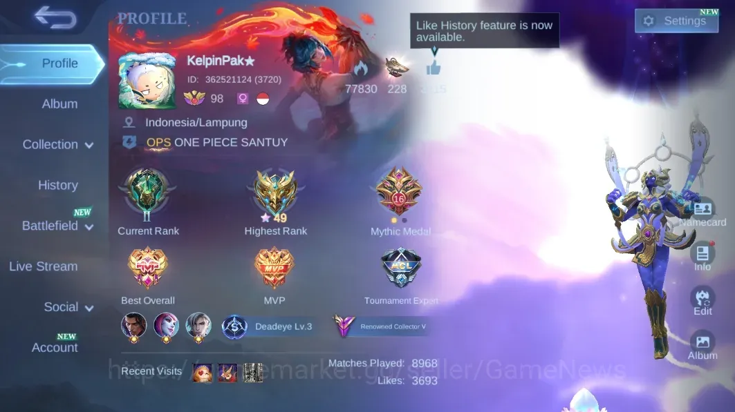 Mobile Legends: Bang Bang Accounts Collector Hero 132|Skin 244|2 KOF Karina,Collector Natalia,Luckybox Selena,2 Lightborn 1