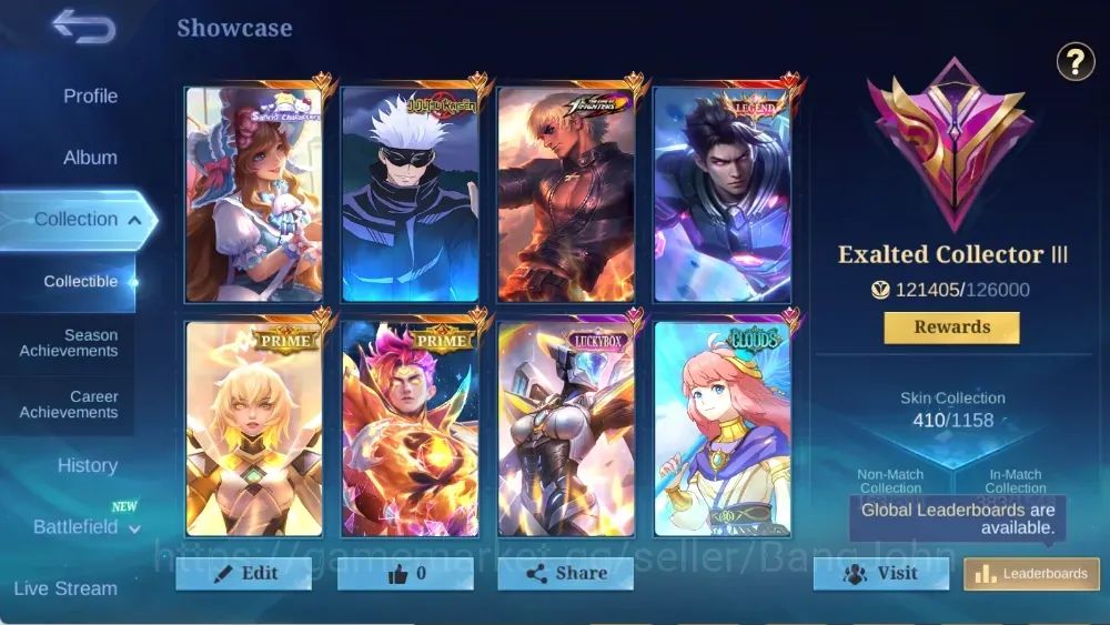 Mobile Legends: Bang Bang Accounts Collector Global|410 Skin|Exalted|Legend Alucard|KOF Gusion|JJK Xavier|Prime 1