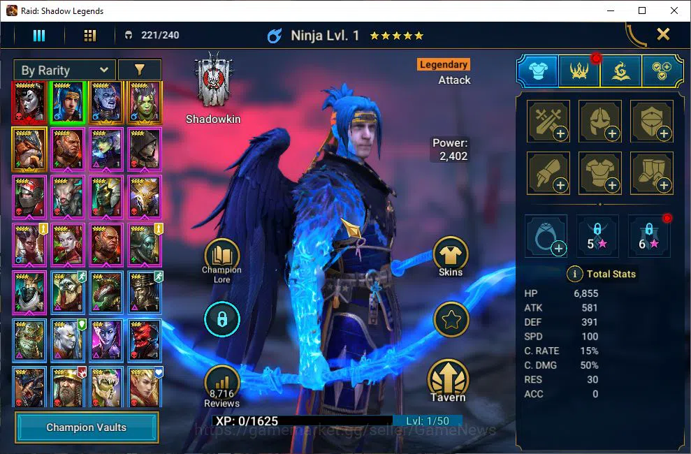 Raid: Shadow Legends Accounts Mid-Game Lv10 1M Power| 1 Mythic (LadyMikage)+4 Legendary (Ninja,Narma,Kreela,Cleoptrix)| 11 4
