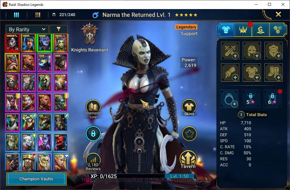 Raid: Shadow Legends Accounts Mid-Game Lv10 1M Power| 1 Mythic (LadyMikage)+4 Legendary (Ninja,Narma,Kreela,Cleoptrix)| 11 5