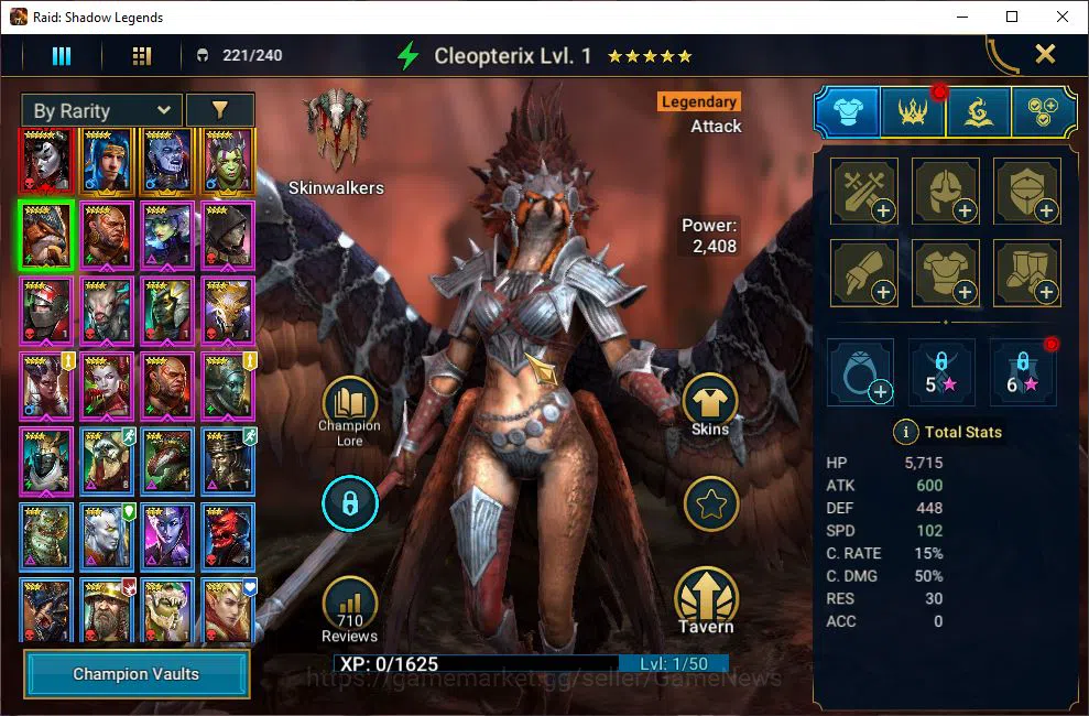 Raid: Shadow Legends Accounts Mid-Game Lv10 1M Power| 1 Mythic (LadyMikage)+4 Legendary (Ninja,Narma,Kreela,Cleoptrix)| 11 7