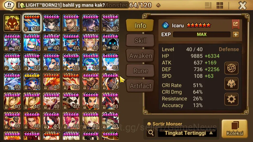Summoners War: Sky Arena Accounts Mid-Game ASIA Lv100|1 LD(Artamiel)|40 NB5(Feng Yang,Laika,Lamiella,Etc)+72 6*Monster|All 5