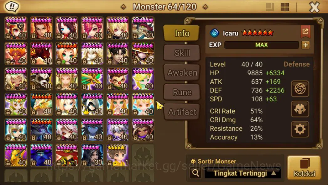 Summoners War: Sky Arena Accounts Mid-Game ASIA Lv100|1 LD(Artamiel)|40 NB5(Feng Yang,Laika,Lamiella,Etc)+72 6*Monster|All 6