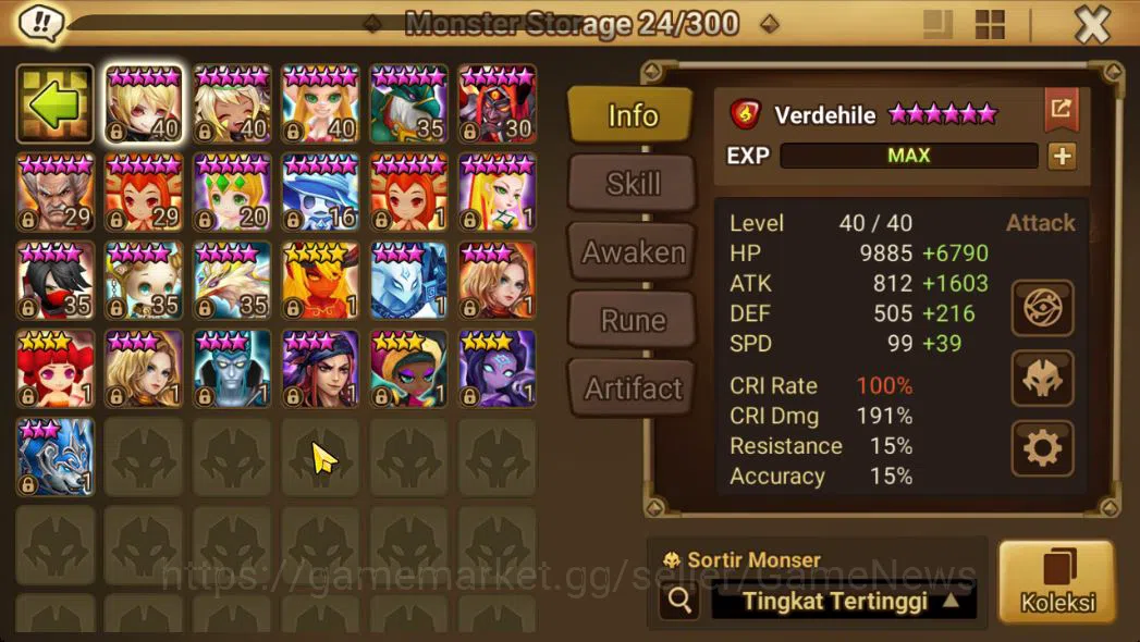 Summoners War: Sky Arena Accounts Mid-Game ASIA Lv100|1 LD(Artamiel)|40 NB5(Feng Yang,Laika,Lamiella,Etc)+72 6*Monster|All 7