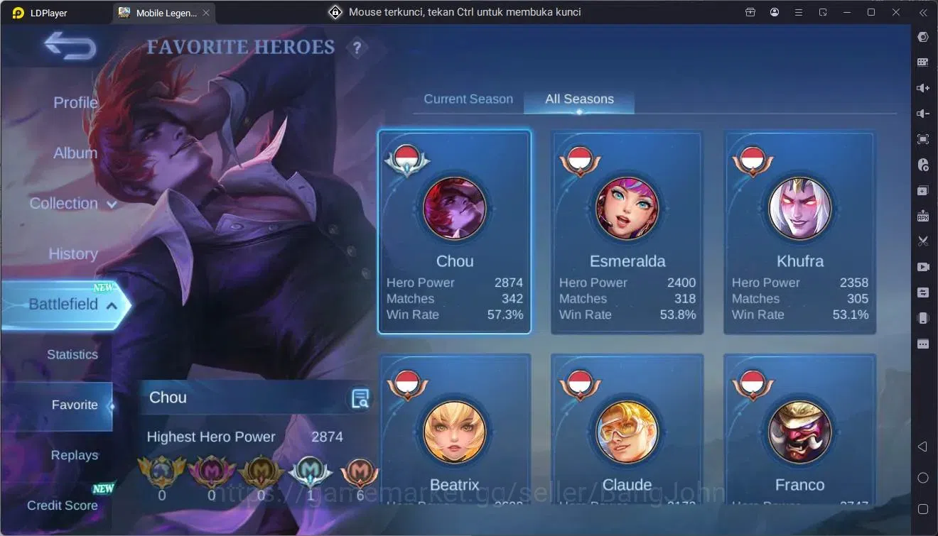 Mobile Legends: Bang Bang Accounts Collector Global|Hero 132|Skin452|Mega|Legend Franco|ASP Lesley,Angela|Ducati Bened|Prime 20