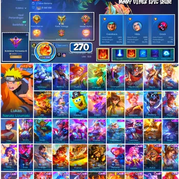 Mobile Legends: Bang Bang Accounts #4254 270 Skins | Lukas Naruto Uzumaki | Vale Gaara (Naruto) | Badang Pegasus Seiya