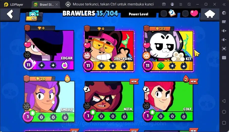 Brawl Stars Accounts Global |1 Max Hypercharge(Edgar)|1 Mythic,1 Epic Skin|615 Thropy|15 Brawler|2382 Bling+76 Gems 5