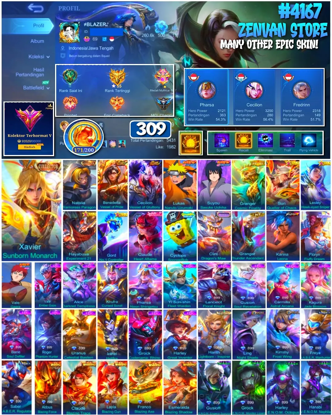 Mobile Legends: Bang Bang Accounts 🔥 #4167 🔥 💎 309 Skins 👑 Collector Xavier Sunborn Monarch ⚔️ Exalted Collector V 1