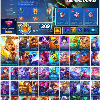 Mobile Legends: Bang Bang Accounts 🔥 #4167 🔥 💎 309 Skins 👑 Collector Xavier Sunborn Monarch ⚔️ Exalted Collector V