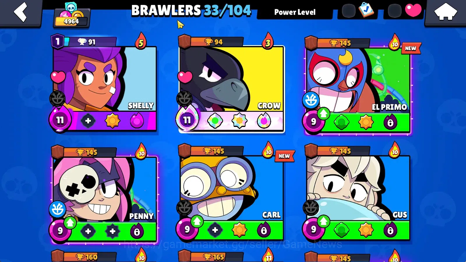 Brawl Stars Accounts 4964 Trophy|33 Brawlers 2 Max (Crow Full Buffies,Shelly)|2 Myth (Gamer Bibi,Gridiron Otis),7 Epic|10K 6