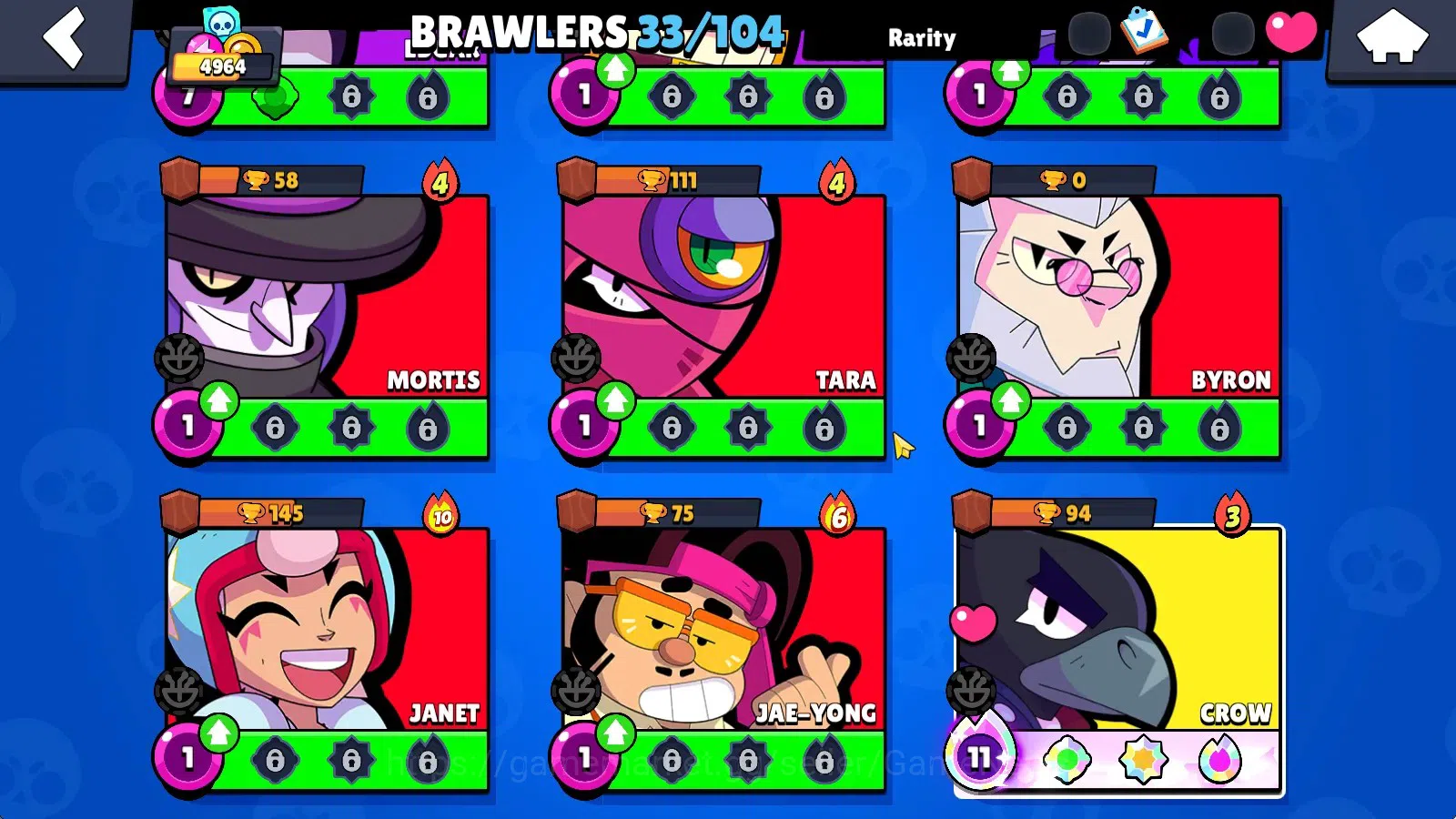 Brawl Stars Accounts 4964 Trophy|33 Brawlers 2 Max (Crow Full Buffies,Shelly)|2 Myth (Gamer Bibi,Gridiron Otis),7 Epic|10K 7