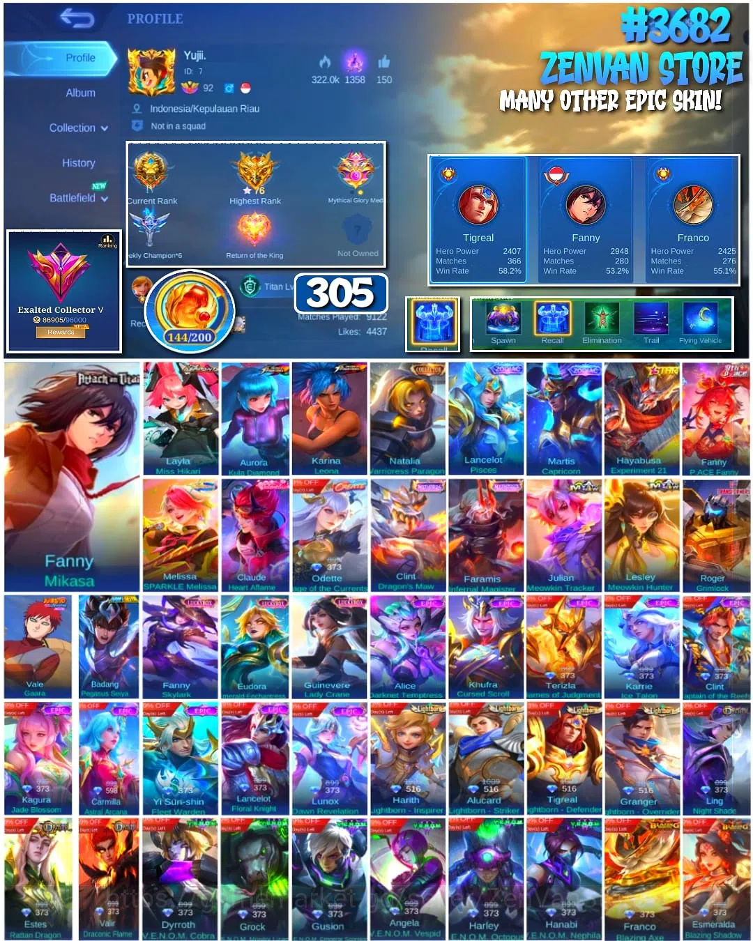 Mobile Legends: Bang Bang Accounts #3682 305 Skins | Collector Natalia | AoT Mikasa | image 1